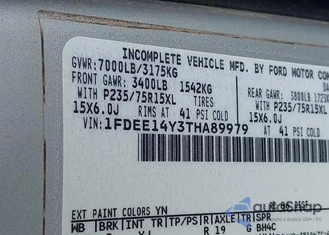 1996 Ford Econoline E150 Van from USA, damaged, VIN 1FDEE14Y3THA89979